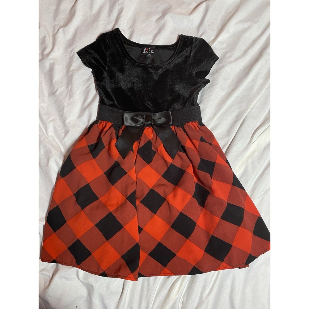 Tilt Girls 4T Fit & Flare Black Velvet Red/Black Plaid Bow Knee Cap Sleeve